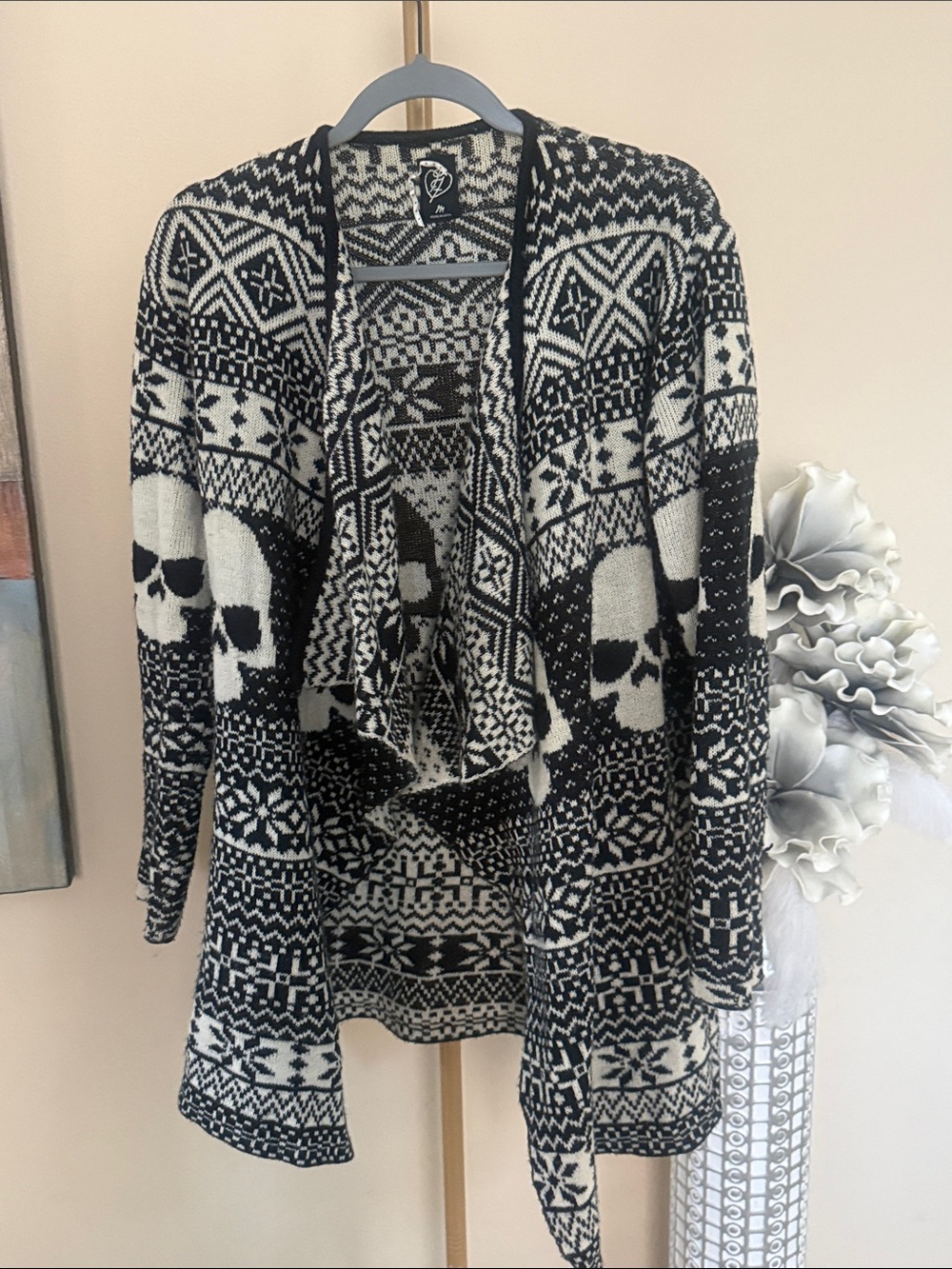 Marciano Black and White Skull Knit Open-Front Cardigan
